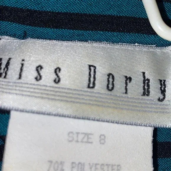 80s Miss Dorby DressTie Back Midi Black Green striped short sleeves size 10 - Picture 10 of 15